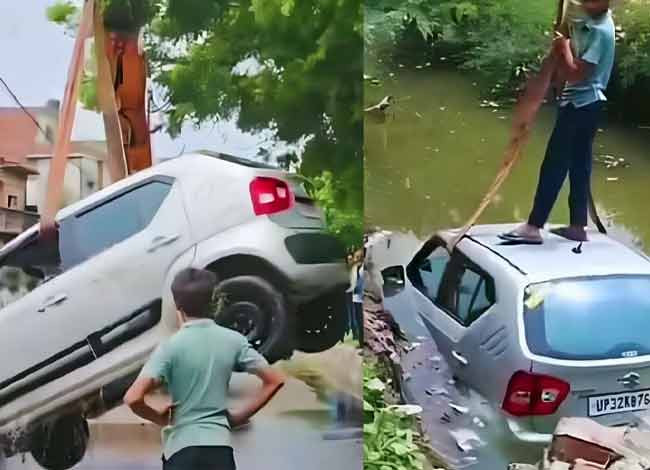 लखनऊ में नाले में गिरी कार;  समय रहते यहां बचा ली गईं 3 जिंदगियां